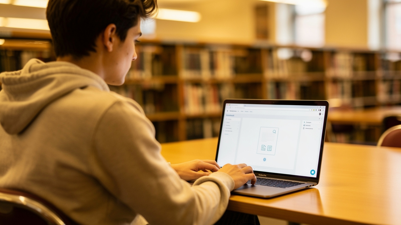 Student converting PDF files online in a university library