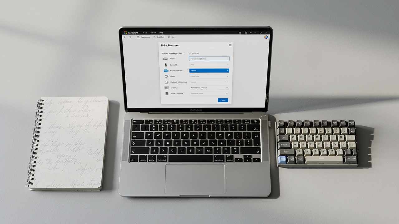Windows laptop with print dialog open for PDF conversion