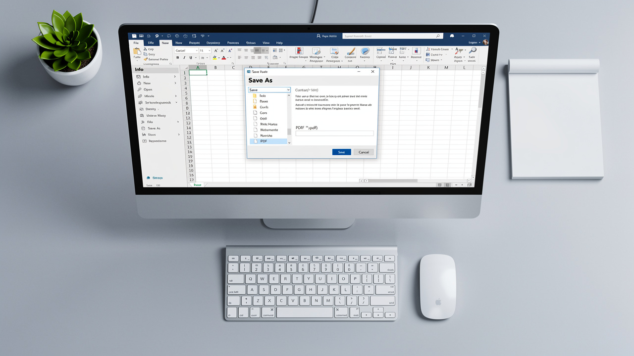 Excel Save As PDF option open on desktop monitor