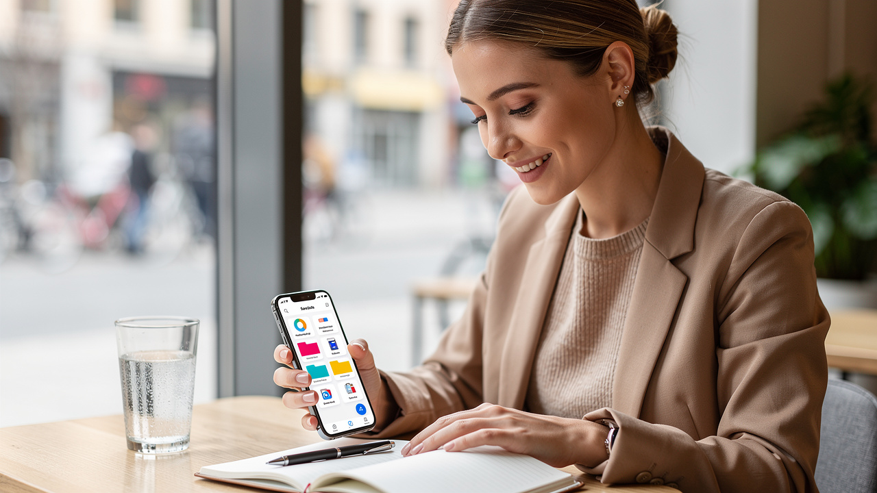 Woman merging PDF files on smartphone at a café