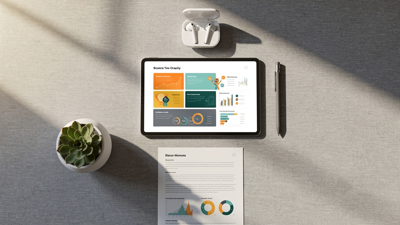 Modern workspace with tablet showing polished presentation slides