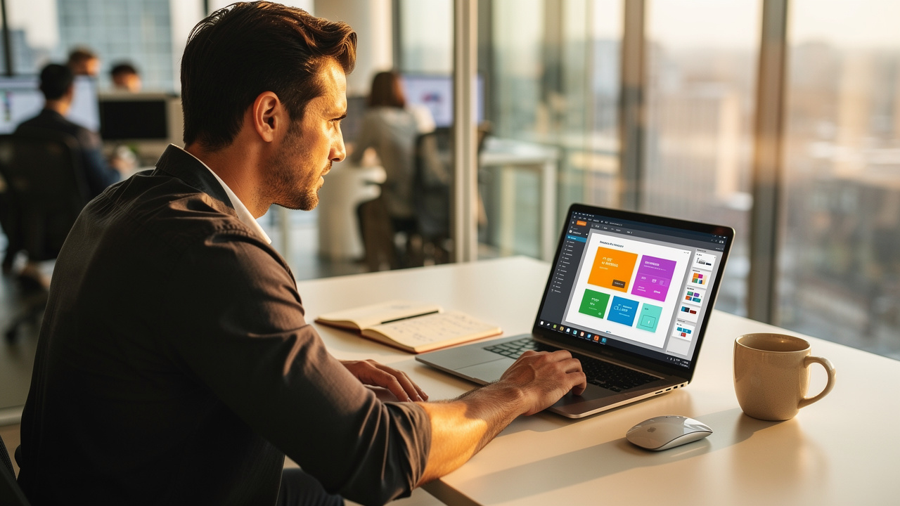 Office professional editing PowerPoint slides on laptop