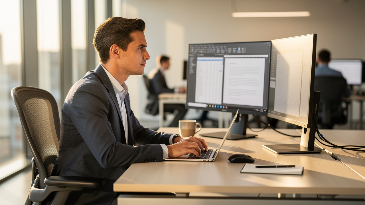 Office professional editing a document on a laptop