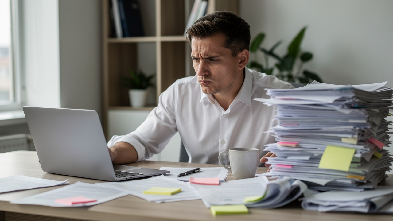 Office worker overwhelmed by large PDF documents on desk