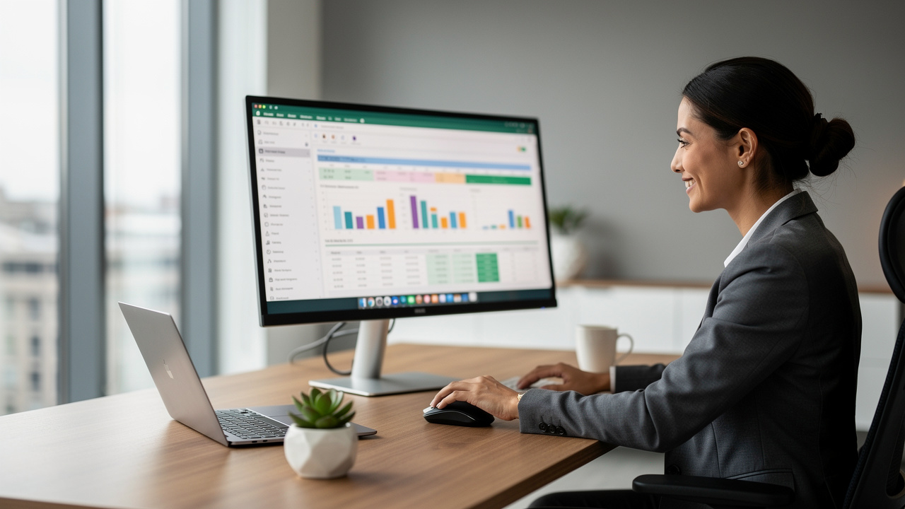Office worker converting Excel spreadsheet to PDF on monitor