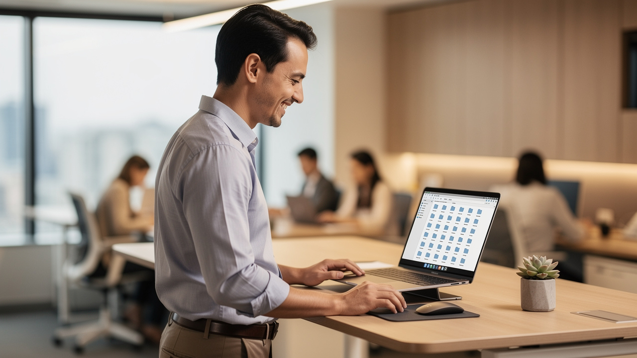 Professional reviewing organized split PDF files on laptop