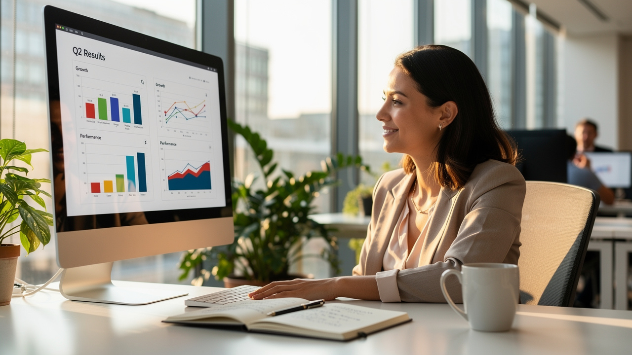 Professional woman reviewing converted PDF presentation at office