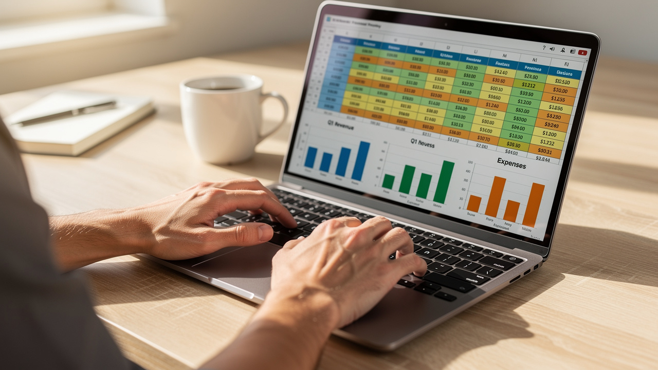 Professional working on an Excel spreadsheet on a laptop