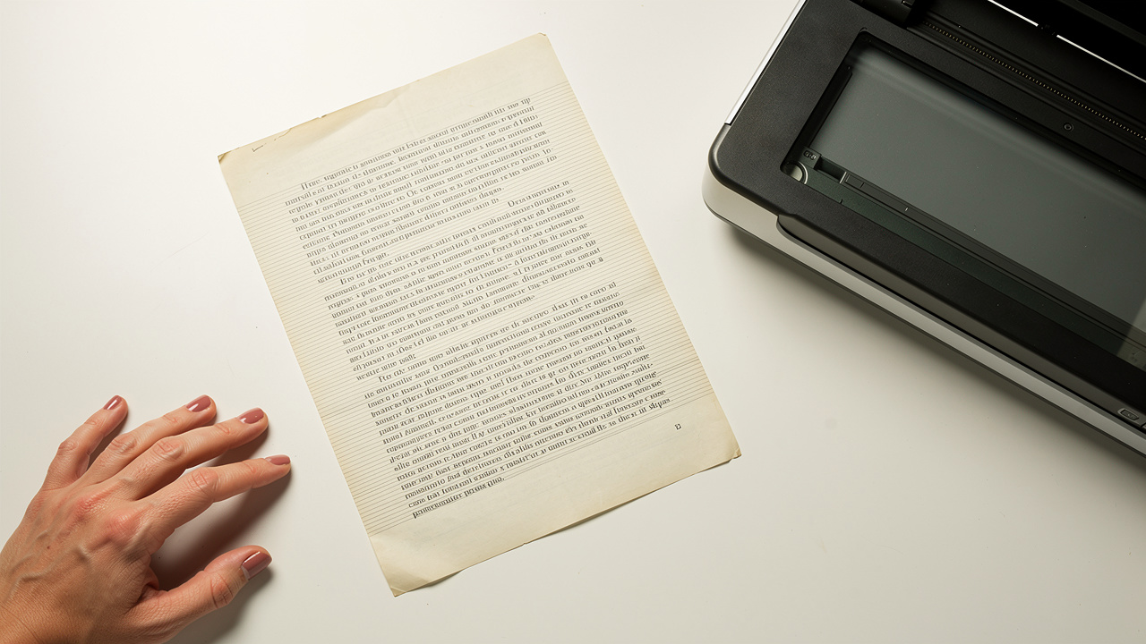 Scanned paper document next to a flatbed scanner on desk