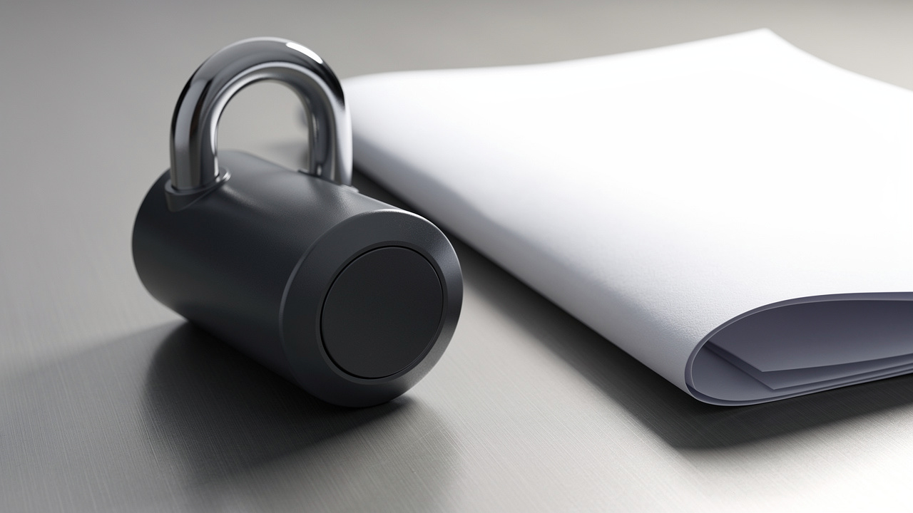 Open combination lock next to a white paper document on a metallic surface