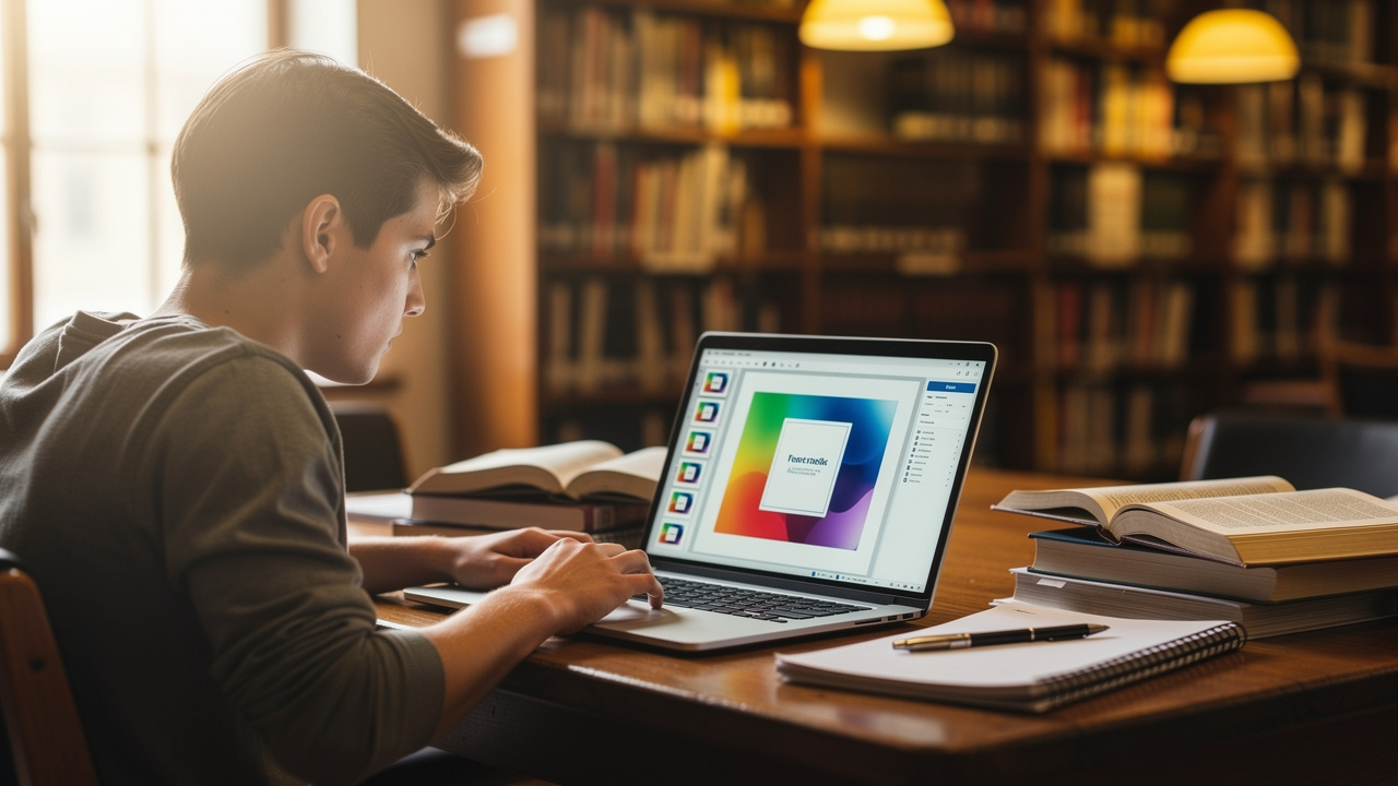 Student working on PDF to presentation conversion in library