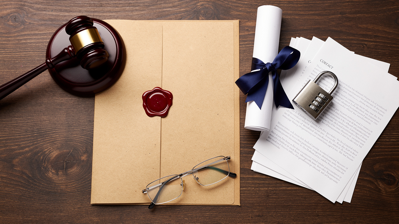 Office desk with sealed legal documents and padlock