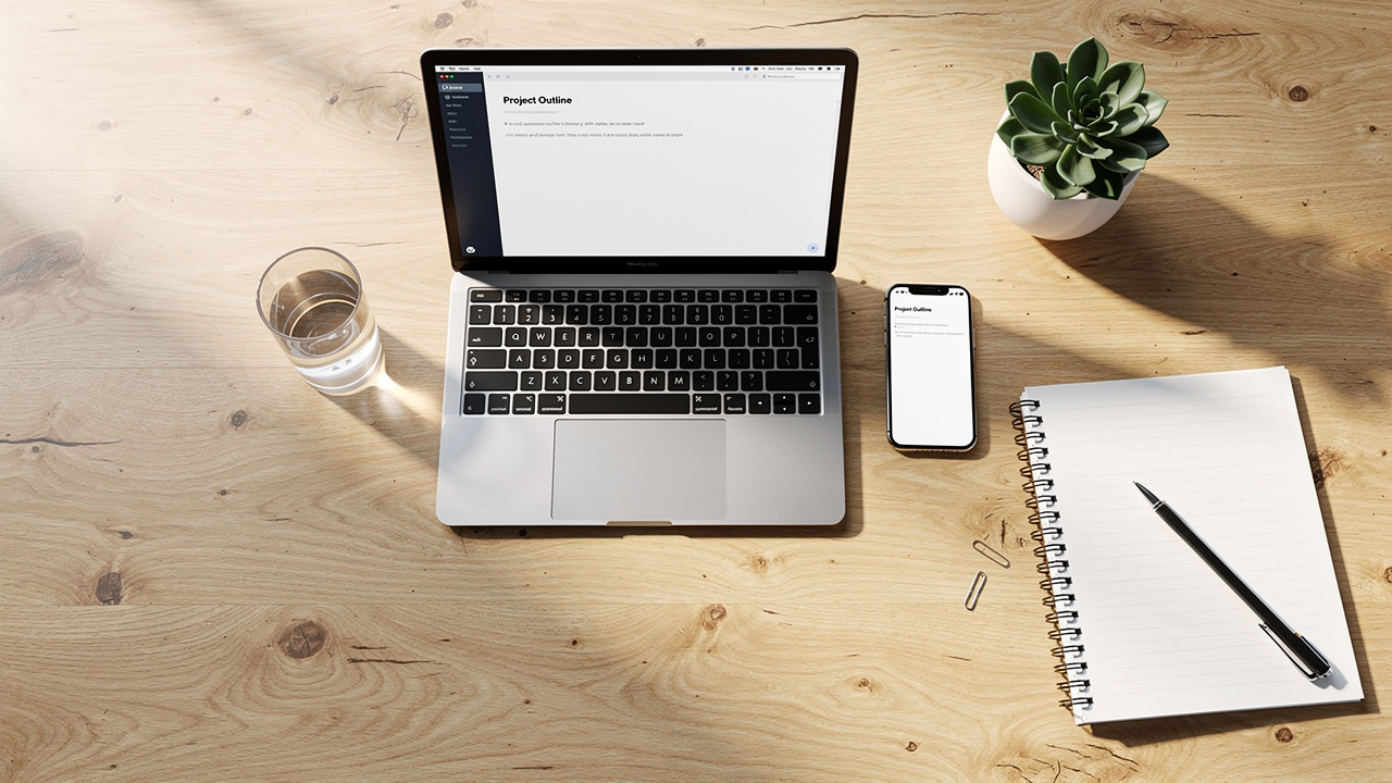 Clean workspace with laptop and phone showing document editing