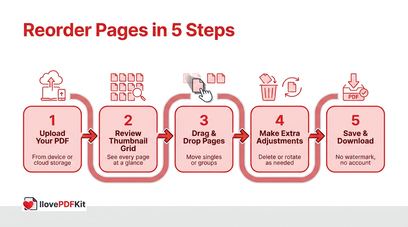 Five steps to rearrange PDF pages online using iLovePDFKit