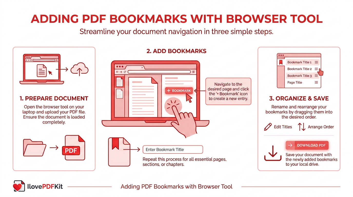 Person adding PDF bookmarks using free online browser tool