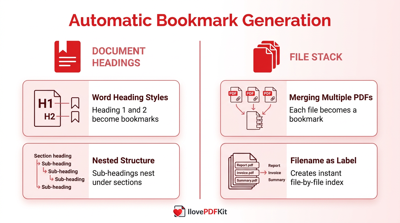 Infographic comparing two ways to auto-generate PDF bookmarks