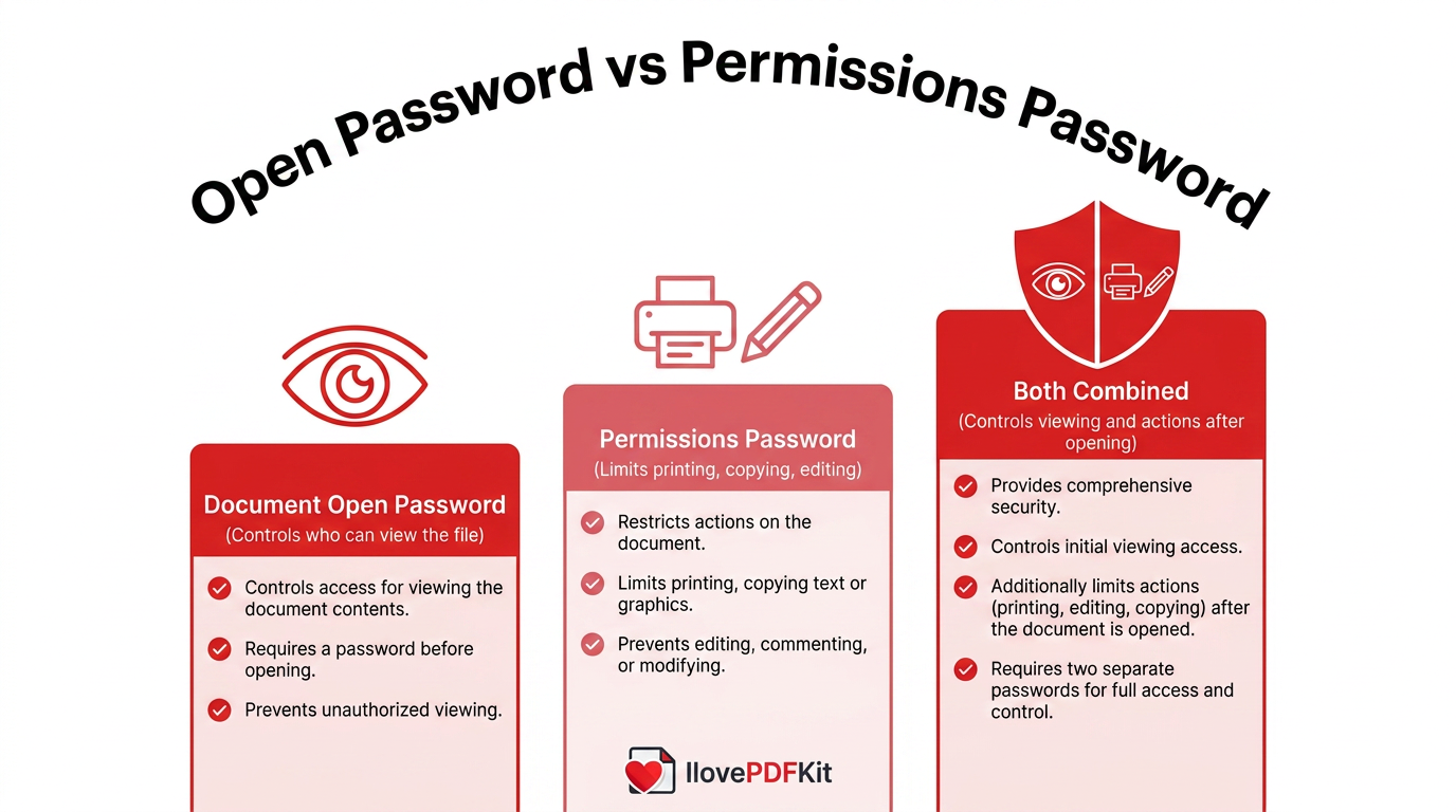Comparison of PDF open password and permissions password