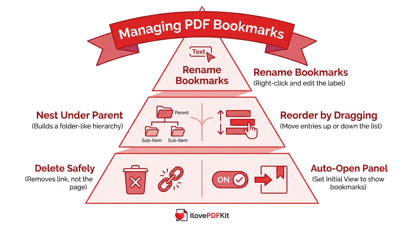 Infographic on editing and organizing PDF bookmark hierarchy