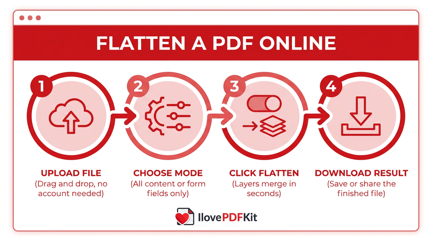 Infographic showing steps to flatten a PDF online