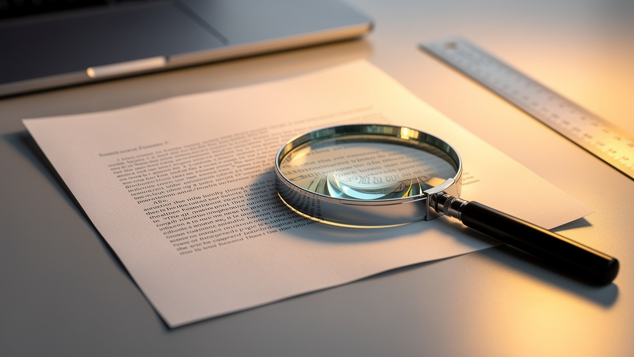 Magnifying glass examining sharp printed document quality