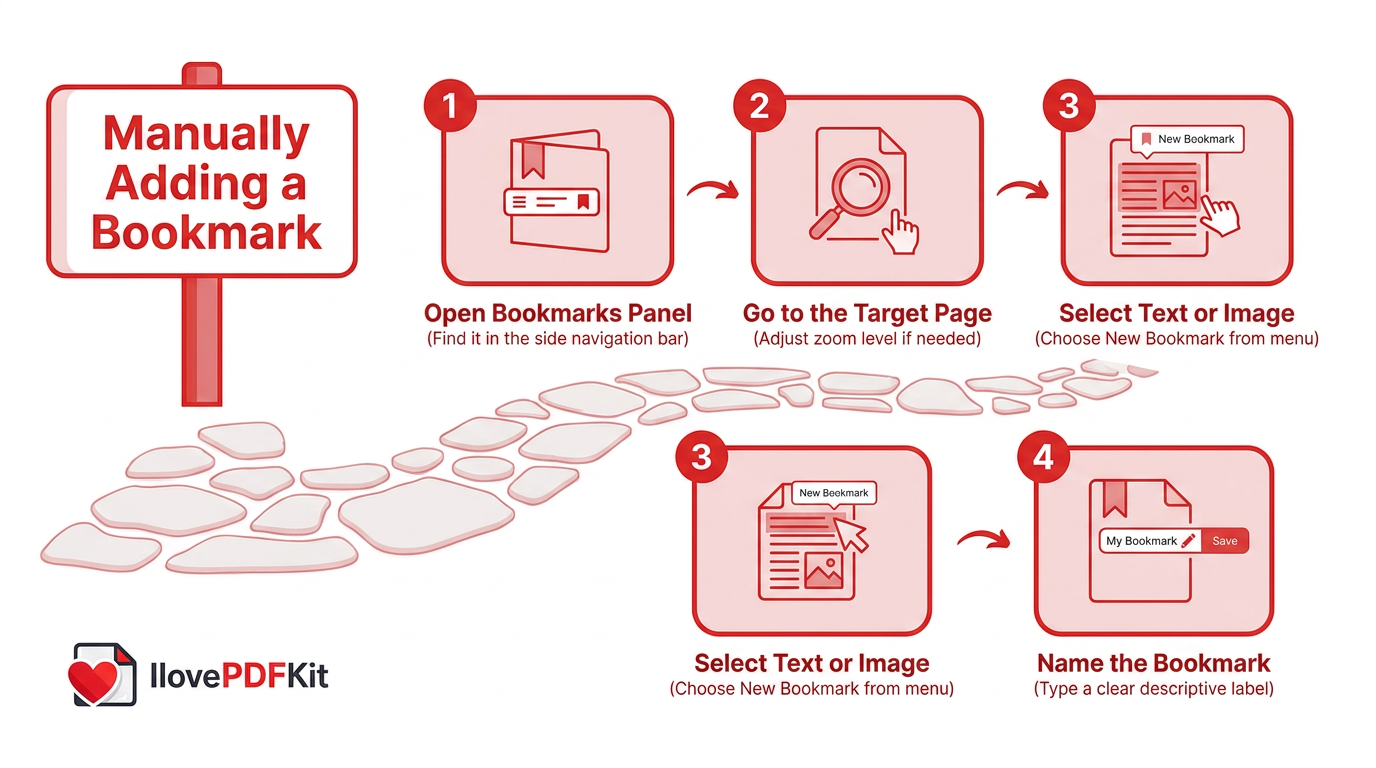 Infographic showing steps to manually add a PDF bookmark
