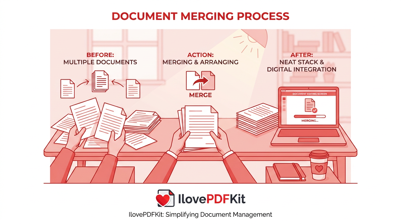 Hands organizing multiple documents into one stack