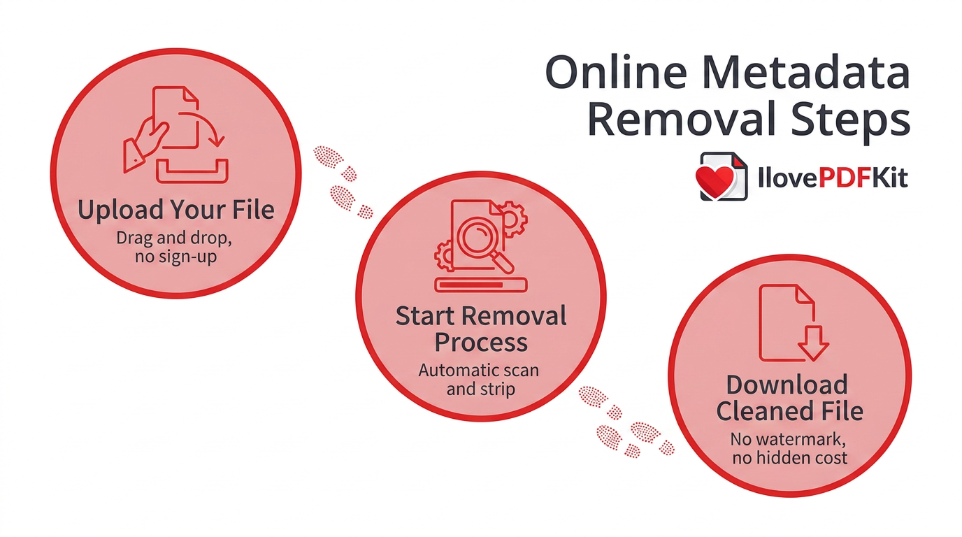 Infographic of online tool steps to strip PDF metadata