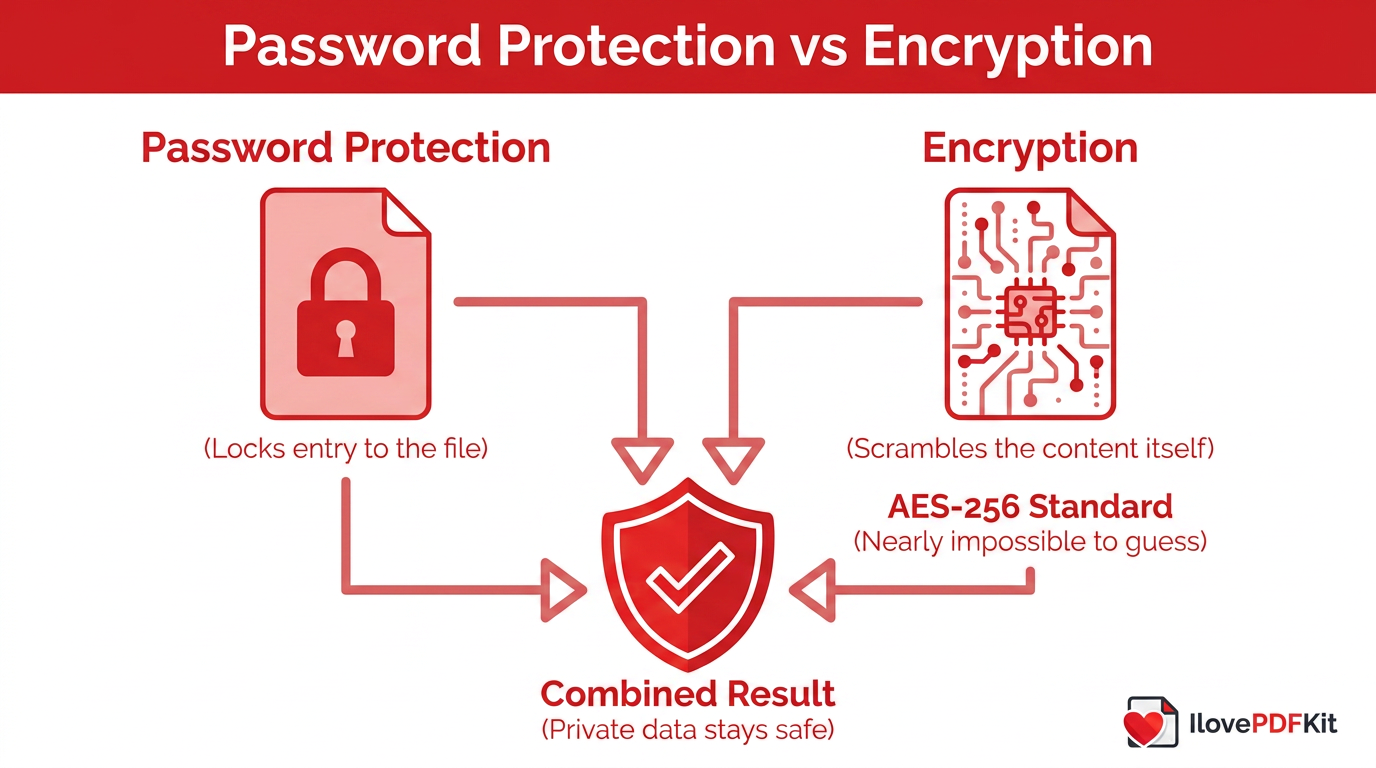 Diagram comparing password protection and PDF encryption