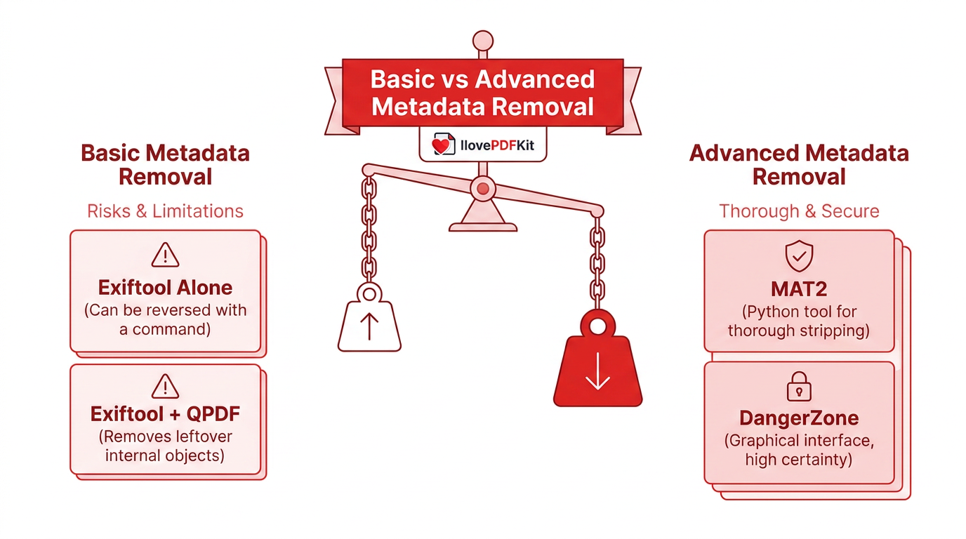 Infographic comparing basic and advanced metadata removal tools