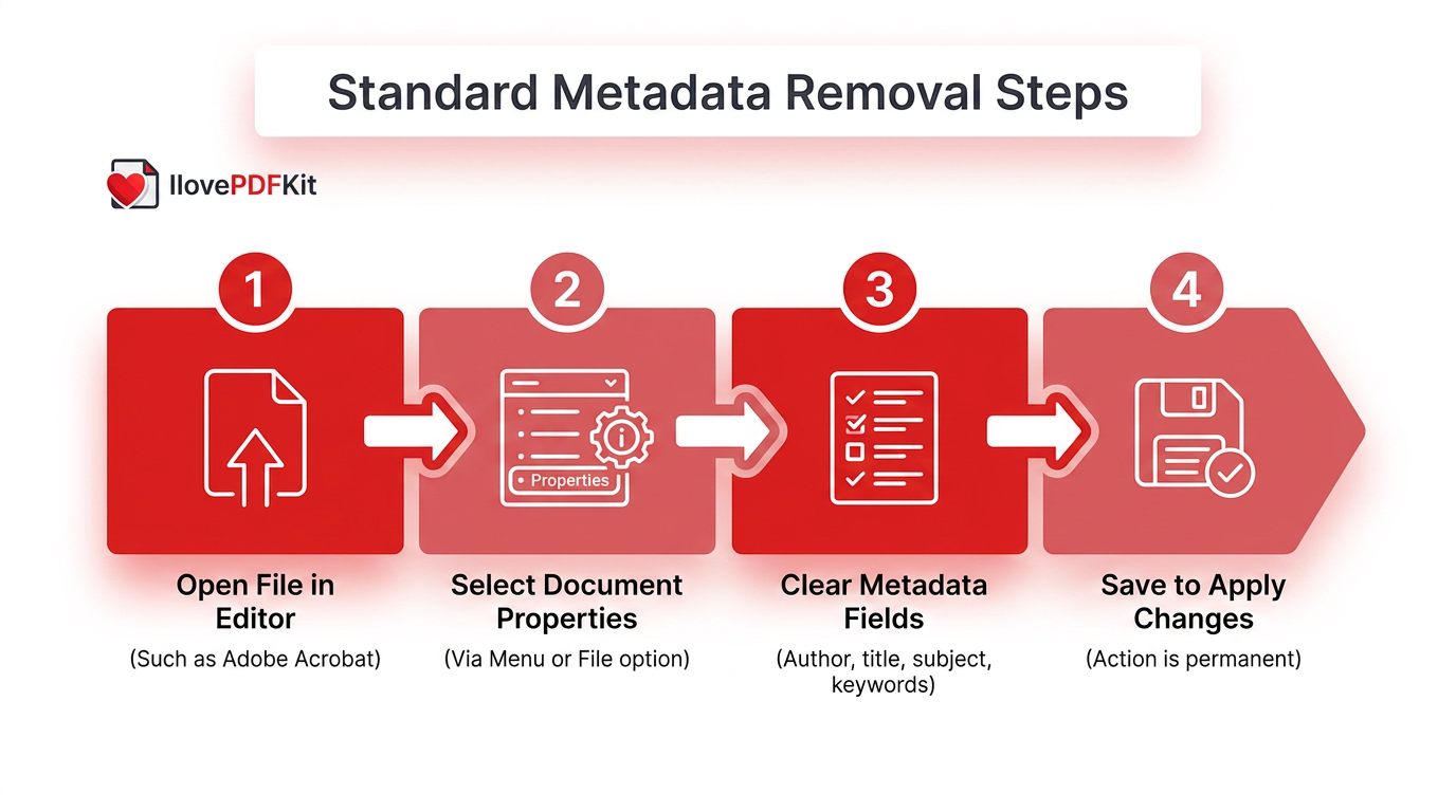 Infographic of standard steps to remove PDF metadata