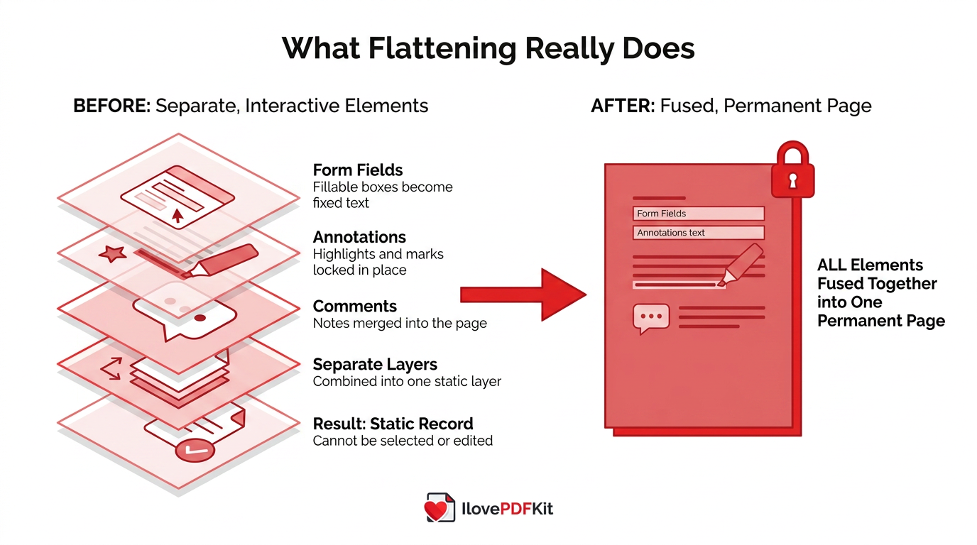 Infographic explaining what flattening a PDF means