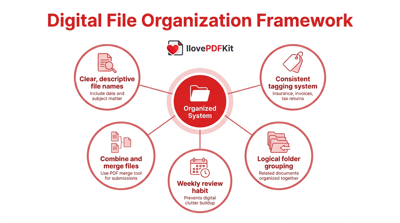 Infographic displaying file naming, tagging, and folder organization strategies for digital documents