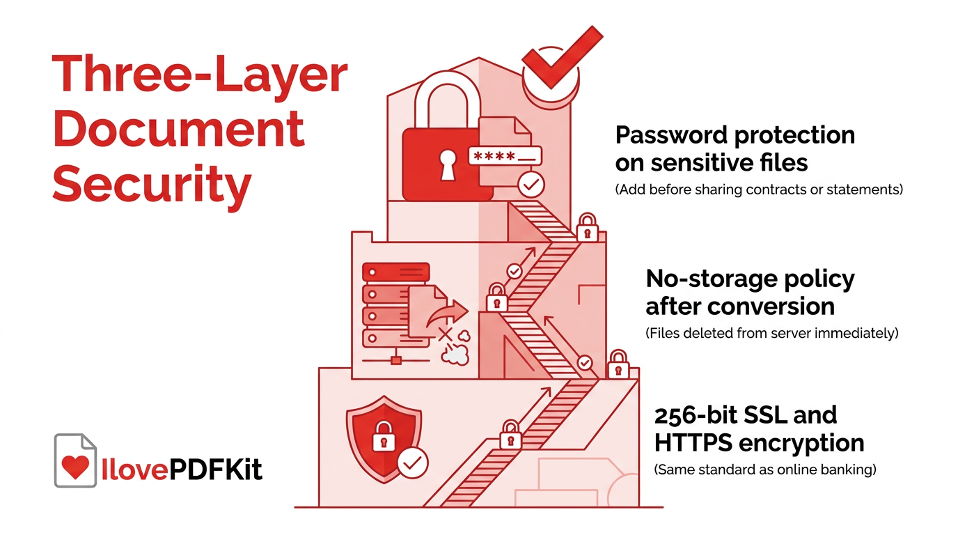 Infographic showing encryption, password protection, and secure storage methods for sensitive digital documents