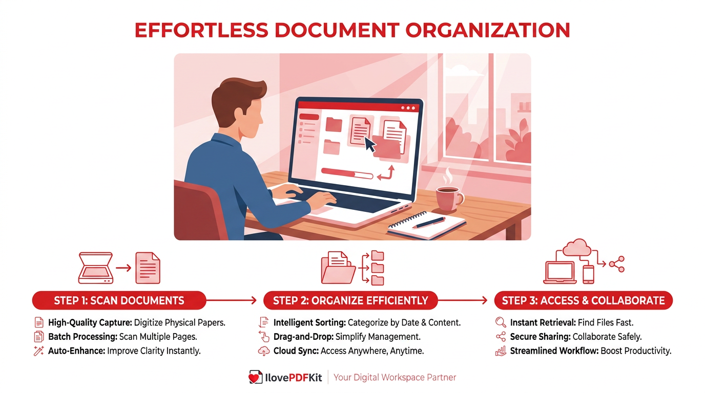 Freelancer organizing PDF documents on a laptop