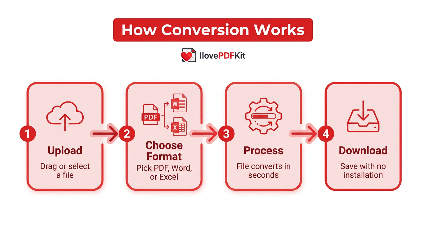 Steps showing how online PDF conversion works