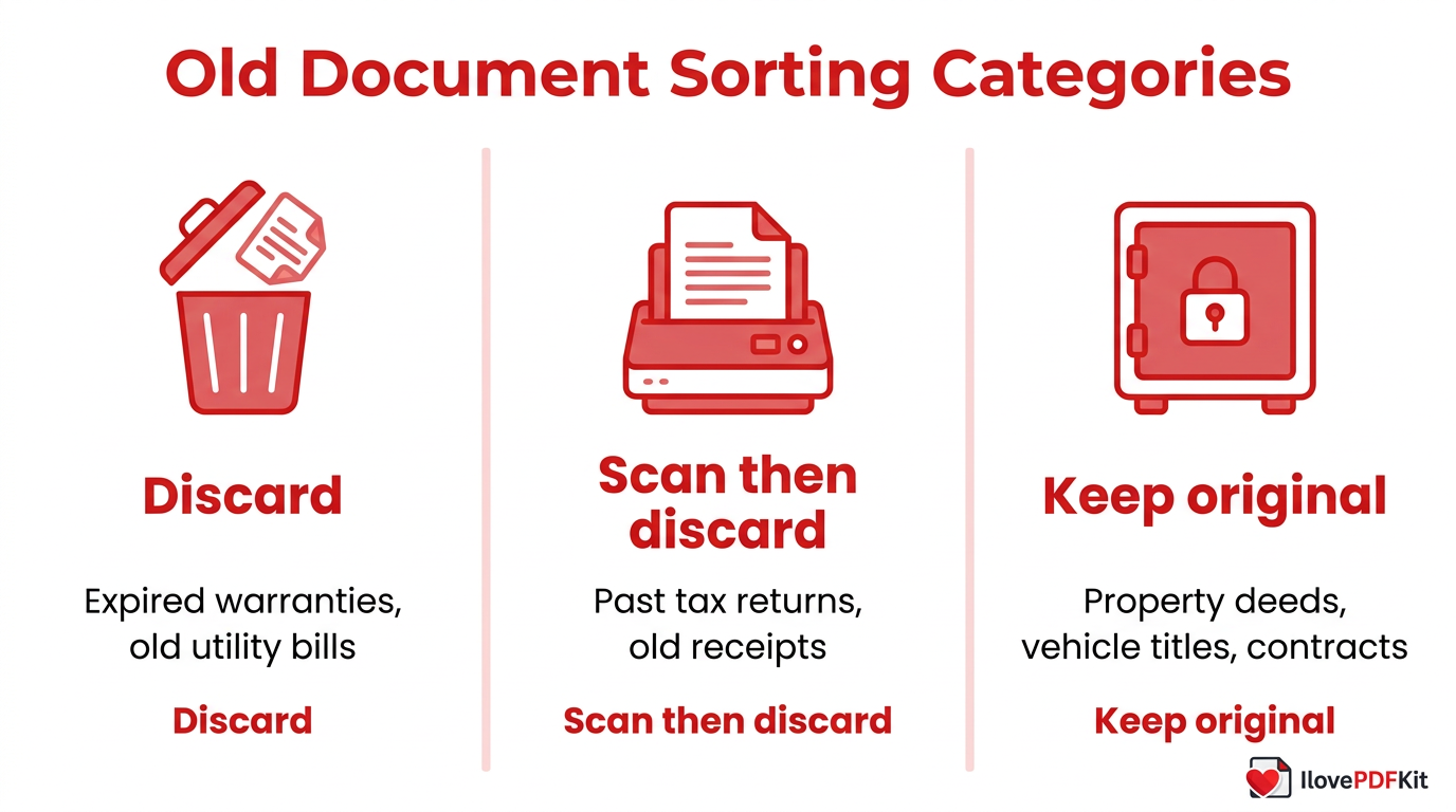 Decision guide showing categorization of old documents into discard, scan and shred, or keep original