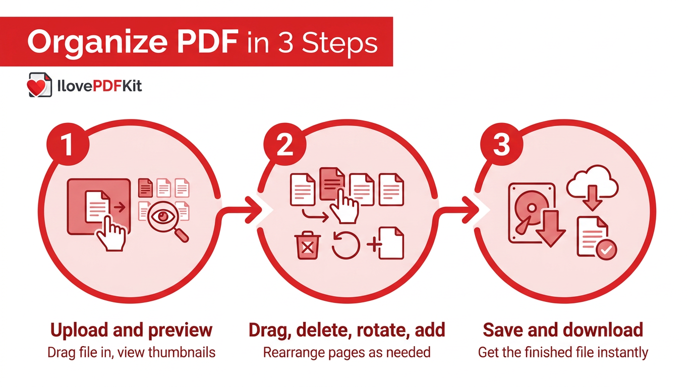 Step-by-step infographic for organizing PDF pages online