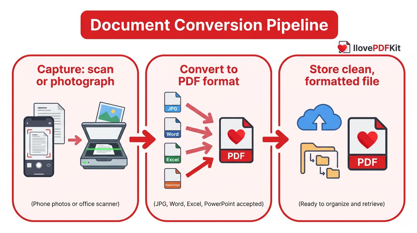 Visual guide showing document conversion steps from paper to digital PDF format