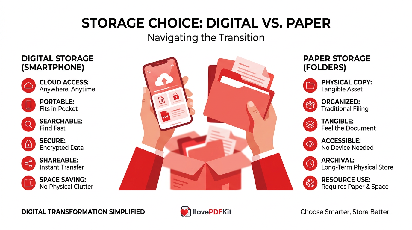 Person holding smartphone and paper folders showing the paperless office transition choice