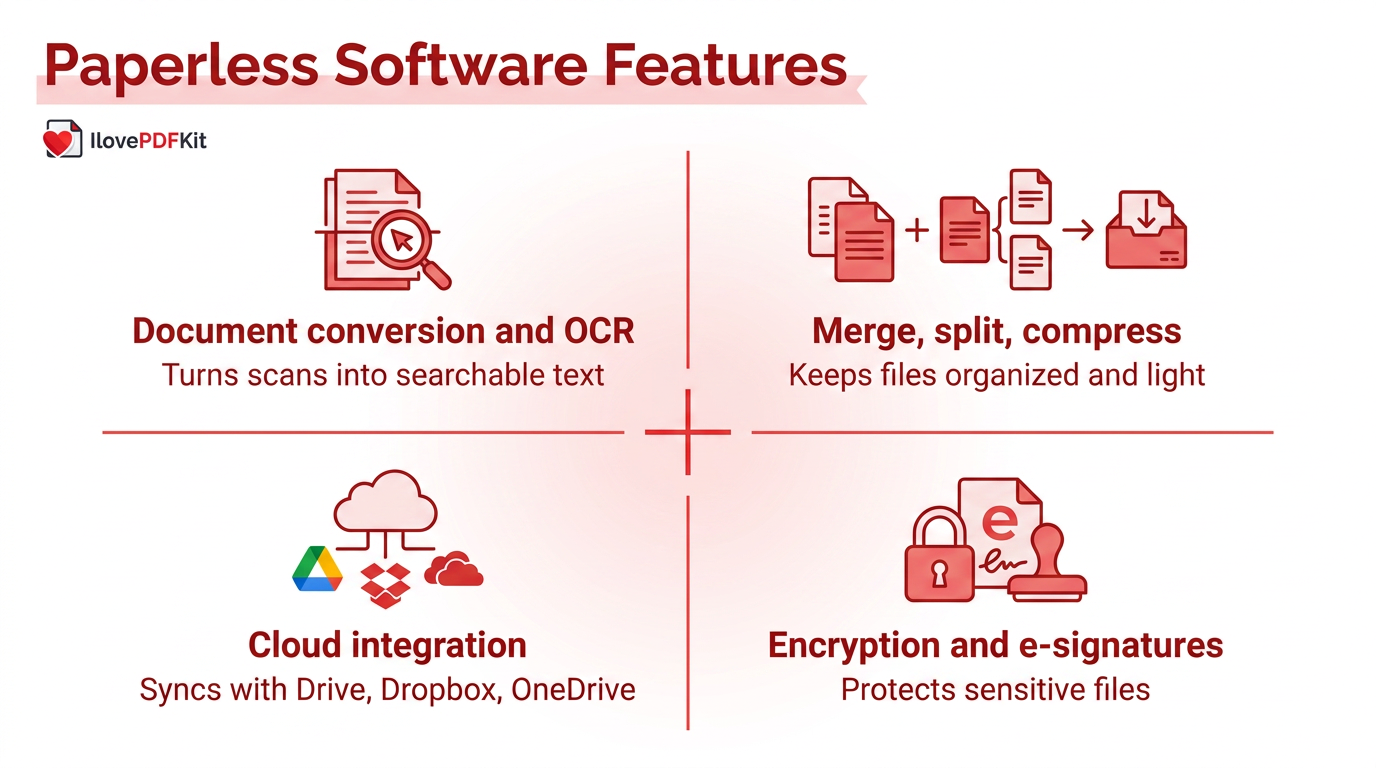 Infographic of key paperless office software features