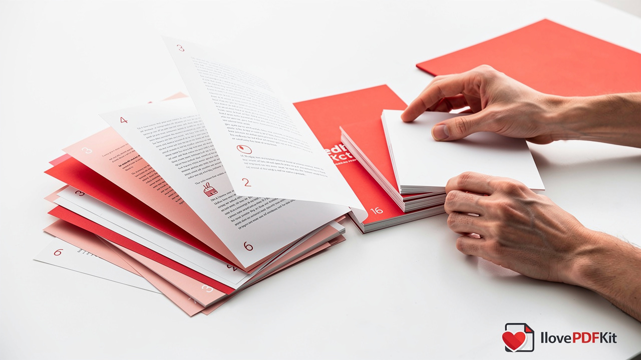 Hands organizing scattered PDF pages in correct order