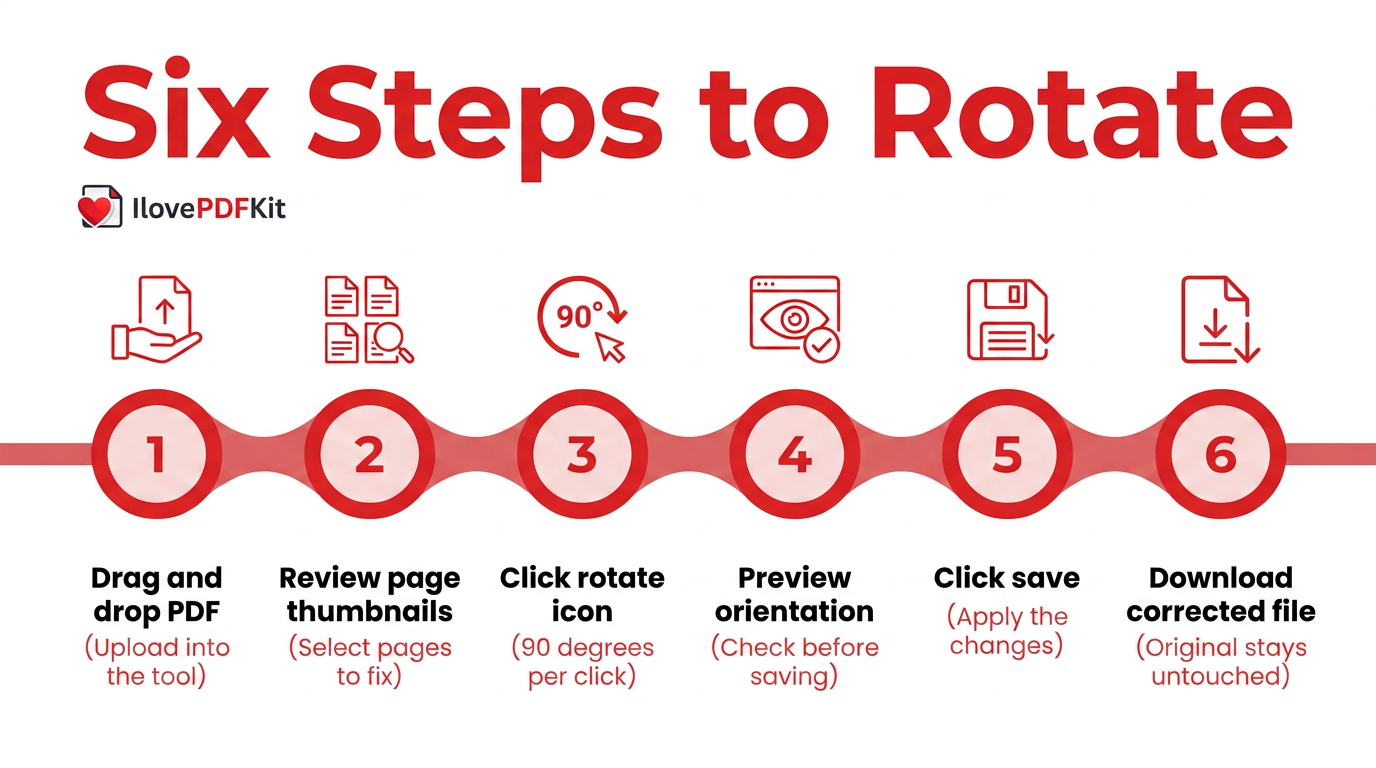 Infographic of six steps to rotate a PDF file