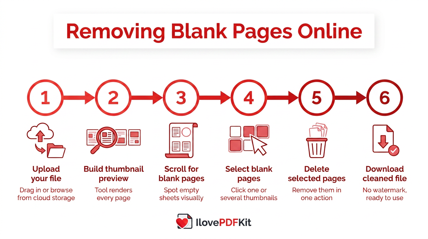 Step-by-step infographic for deleting blank PDF pages online