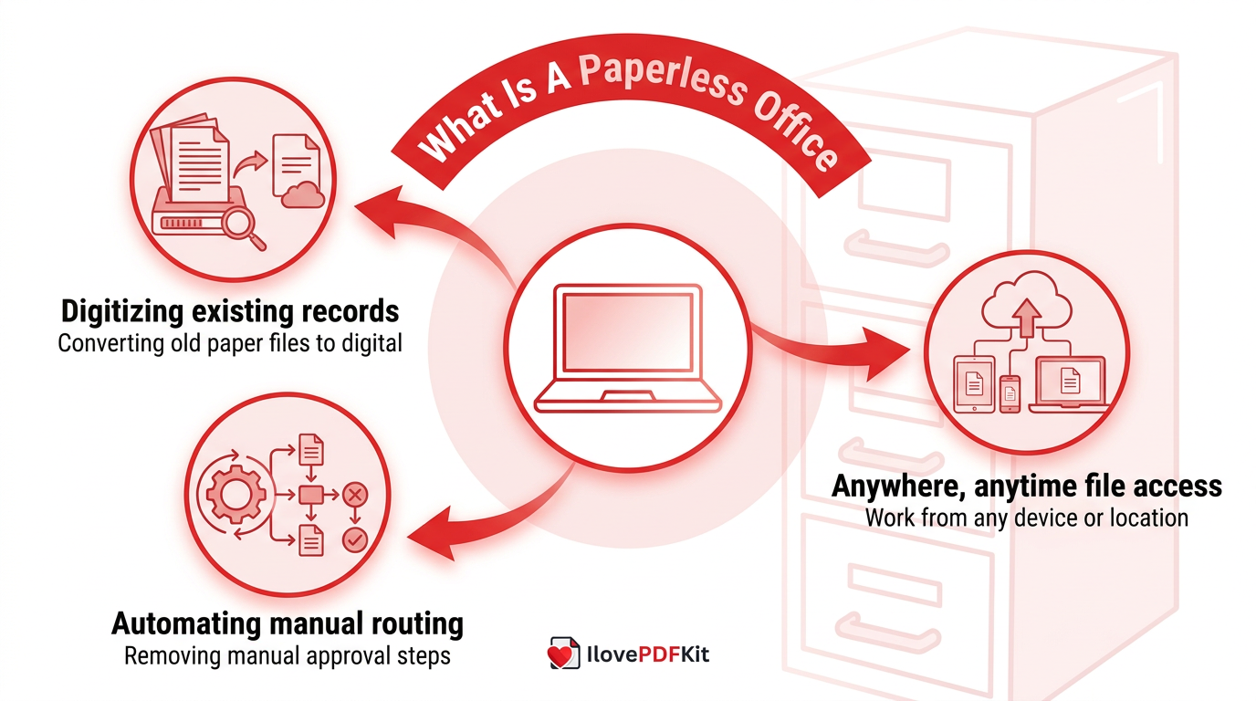 Infographic explaining paperless office concept and key shifts