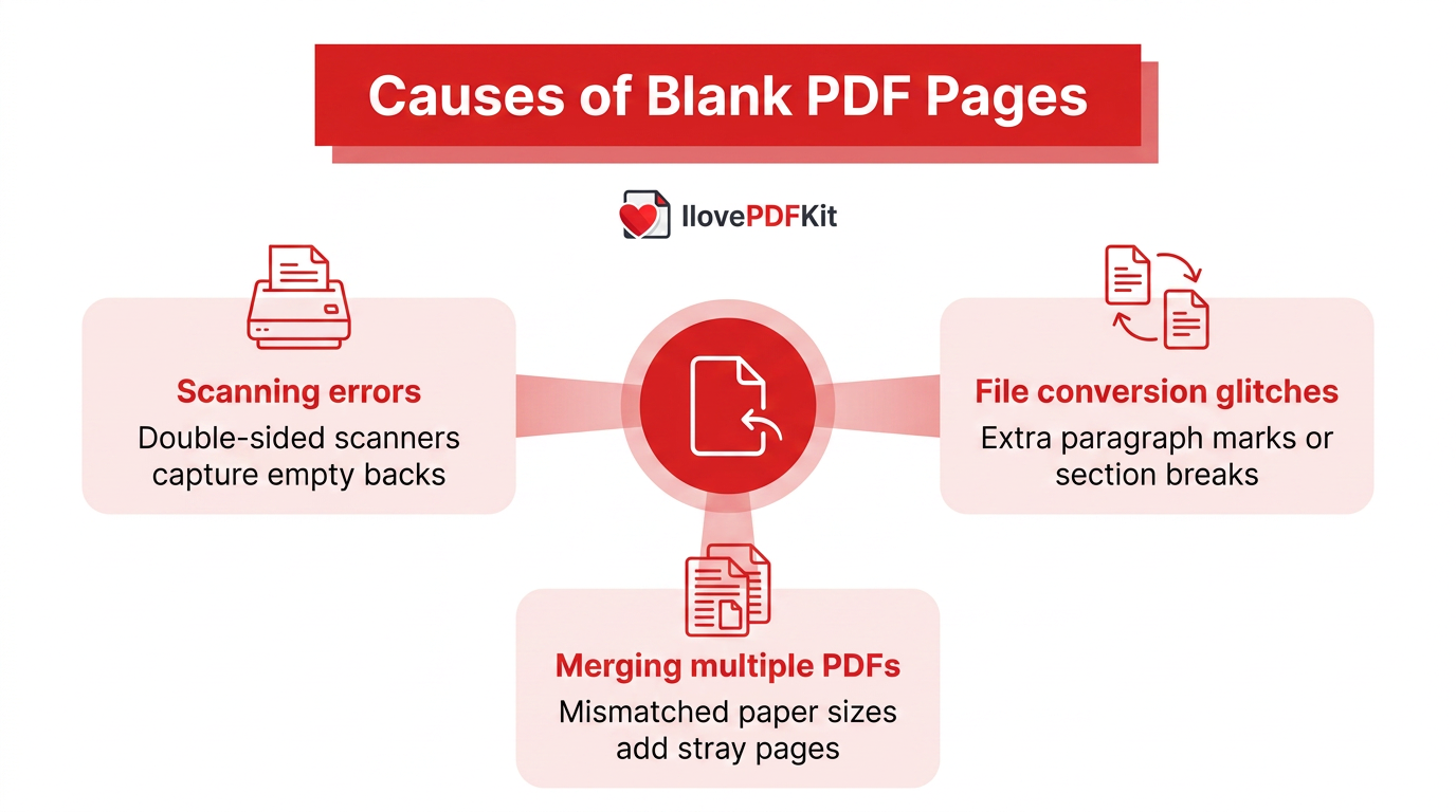 Infographic showing common causes of blank PDF pages