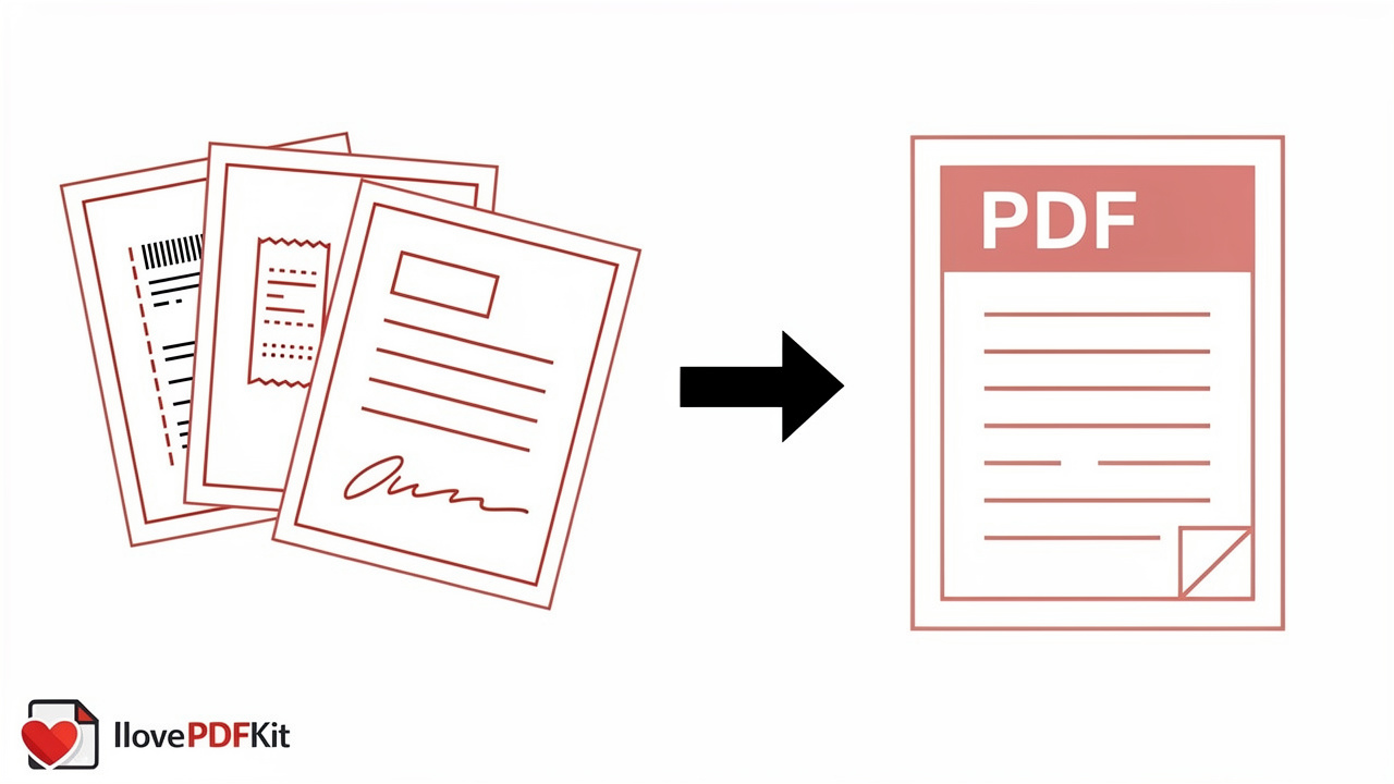 Icon showing scattered photos combining into one organized PDF